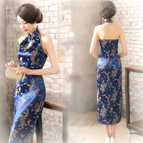 16 Color Backless Chinese Qipao Dresses Sleeveless Long Pink Halter Stretch Cheongsam Gold