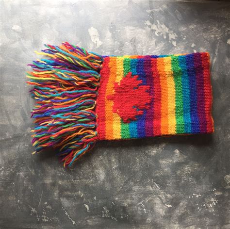 Hand Knit Rainbow Scarf Vintage Wool Scarf Maple Leaf Etsy Canada