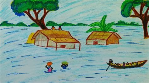 How To Draw Scenery Of Flood Very Easily Youtube