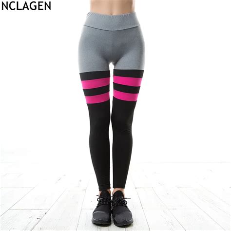 nclagen 2018 women high waist stripe patchwork capris casual slim fitness sweat pant scrunch