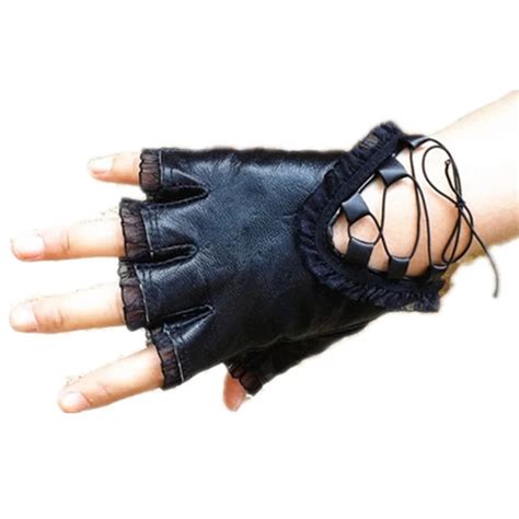 Female Black Half Finger Genuine Leather Gloves Ladies Dance Costume Lace Glove Soft Sheepskin