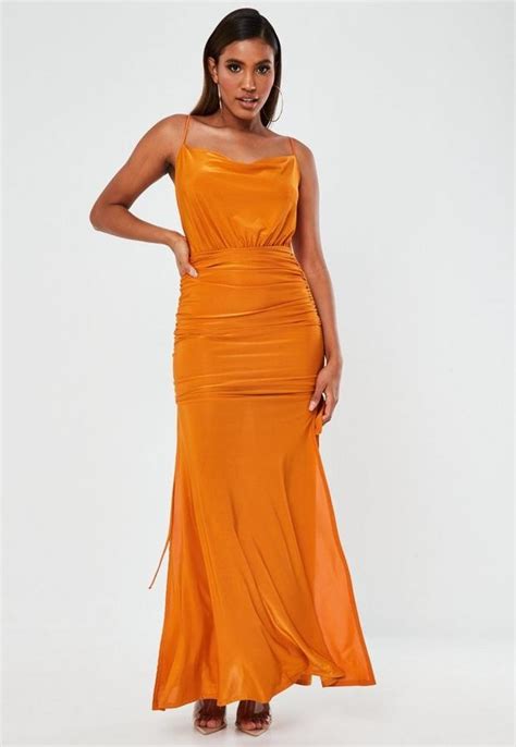 Missguided Orange Slinky Ruched Cowl Neck Maxi Dress Shopstyle