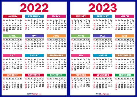 2022 2023 Two Year Calendar Printable Free Colorful Blue Green