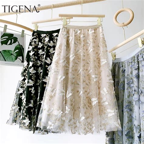 Tigena Midi Long Lace Tulle Skirt Women Fashion Elegant Butterfly