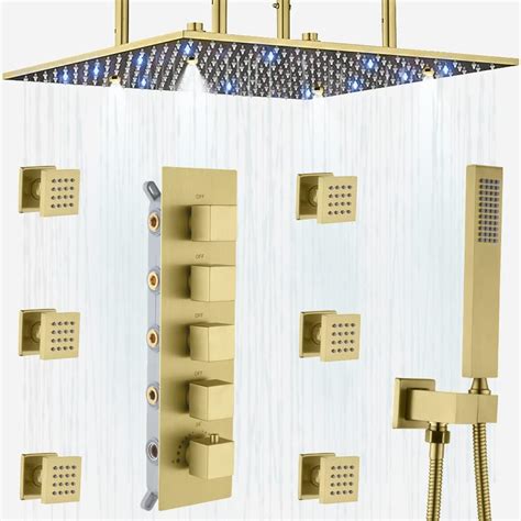 Ayivg Brushed Gold Thermostatic Shower System Led Inch Rainfall