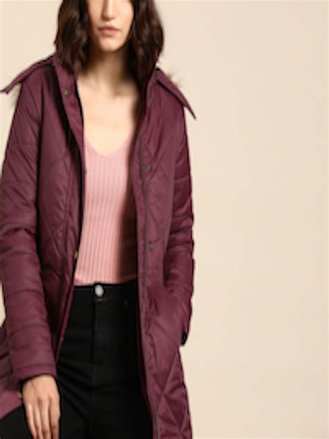 buy all about you women burgundy solid longline detachable hood parka jacket with belt jackets