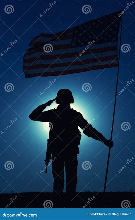 Silhouette Of Saluting Us Army Soldier With Flag Stock Photo Image Of