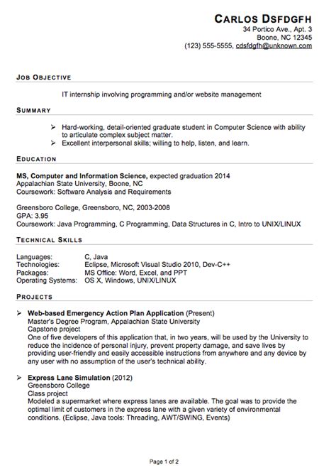 I have exceptional technical and analytical skills, with experience in software development, data analysis, database management, information system support, security. Sample Resumes For Internships Computer Science ...