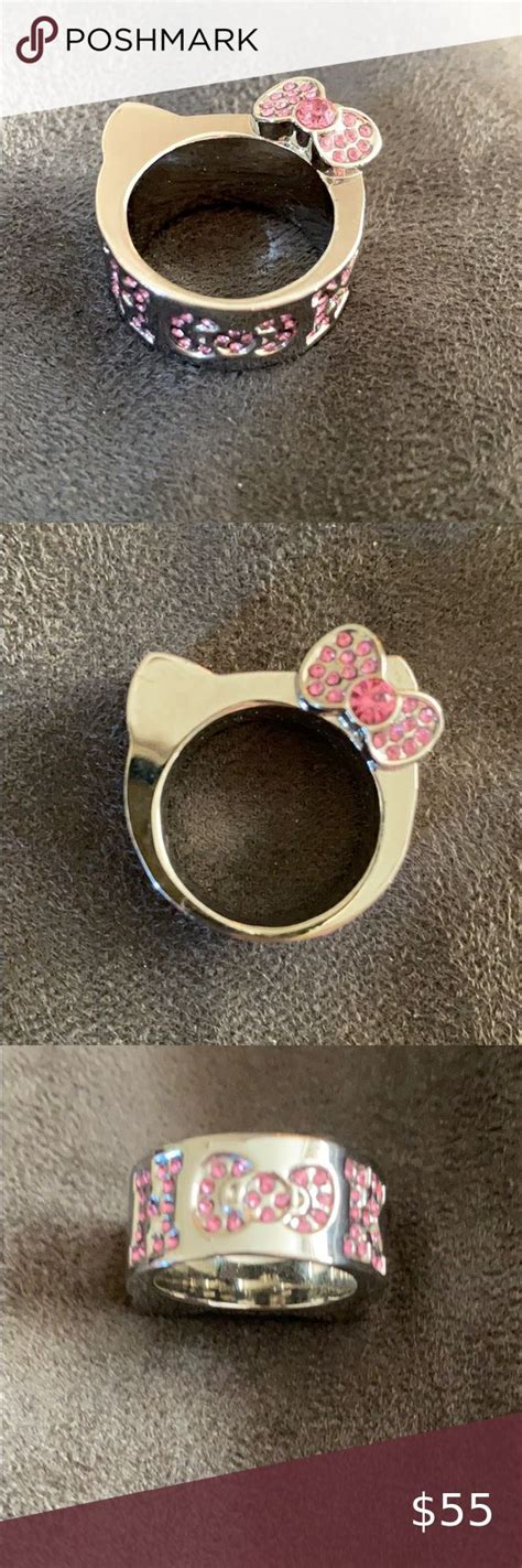 Chunky Silver Hello Kitty Ring W Pink Crystals 💘 Cat Ring Pink Crystal Crystals