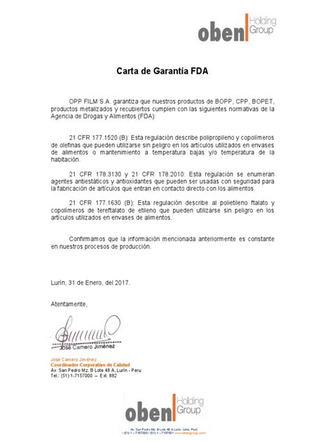 Carta De Garantía Fda Pdf