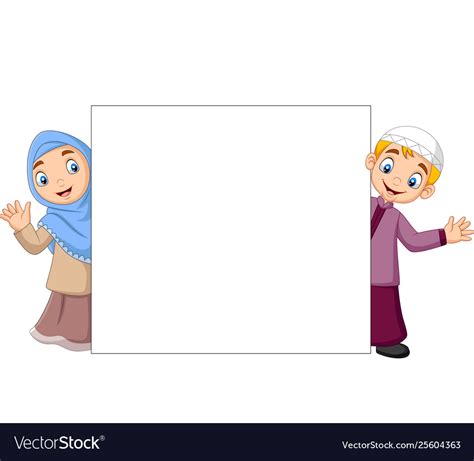 Happy Muslim Kids Cartoon With Blank Sign Vector Image