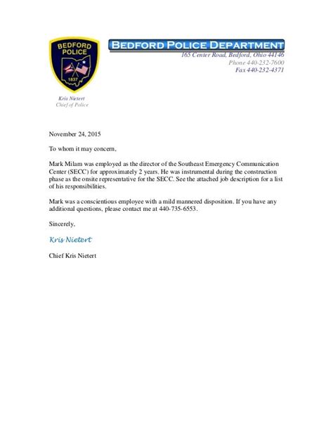 Mark Milam Reference Letter From Bedford Police Chief Kris Nietert