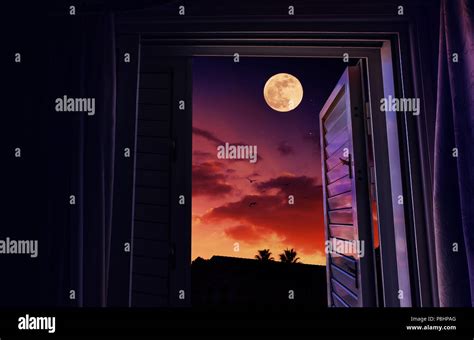 Sunset And Moonrise Seen From An Open Window Surreal Scene With Giant
