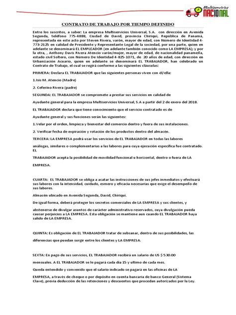 Contrato De Trabajo Por Tiempo Definido En Panama Ejemplo Salario