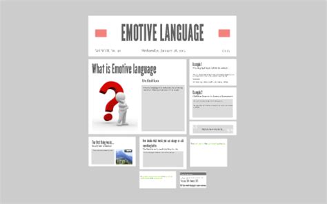 Examples of emotive language include adjectives such as crazy, dangerous and jocular, nouns such as thug, aristocrat and crone, and verbs such as manipulate, thrust and abscond. EMOTIVE LANGUAGE by Ian Williams on Prezi