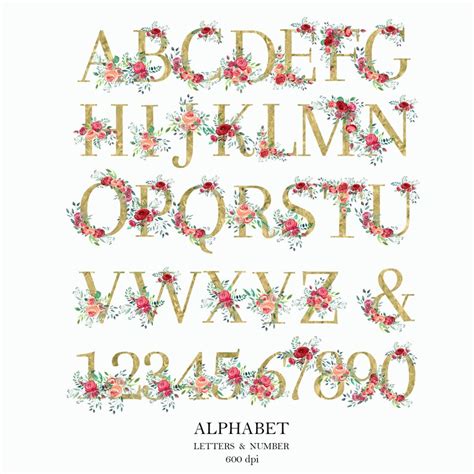 Watercolor Floral Alphabet Gold Embellished Letters Numbers Etsy
