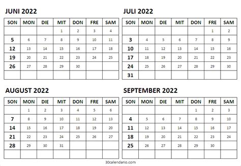 Kalender Juni Juli August September 2022 Vorlage Drukbare Kalender
