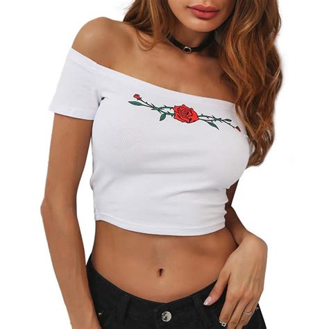 Summer 95 Cotton Slash Neck Short Rose Floral T Shirt Women Fashion