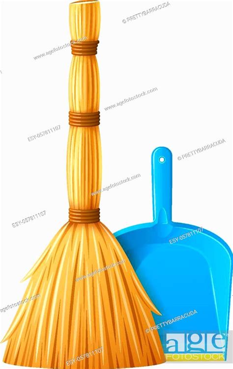 Realistic Broom And Blue Plastic Dustpan Scoop With Yellow Stripe