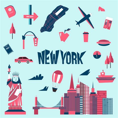 New York City Icons In Cartoon Style Stock Vector Illustration Of