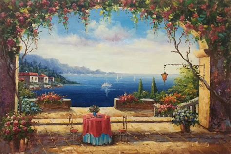 Mediterranean Hand Painted Oil Painting On Canvassea View Villa