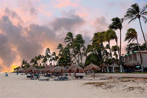 Sunset On Druif Beach On Aruba Island In The Caribbean Sea Stock Image