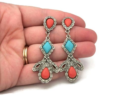 Vintage Silver Tone Dangle Earrings With Faux Turquoise Carnelian