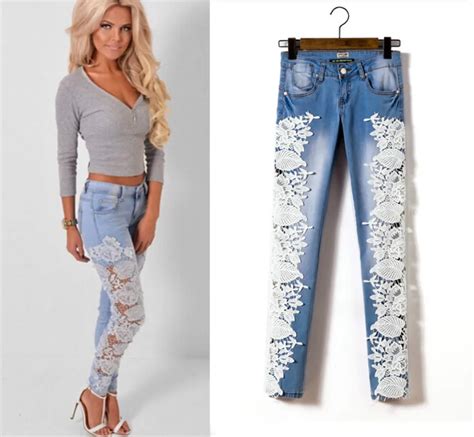 Fashion Lace Women Jeans Low Waist Skinny Jeans Femme High Quality Cotton Elasticity Denim Pants