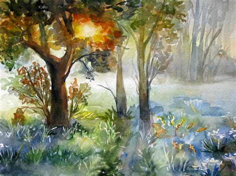 Original Watercolor Morning Light Watercolor Painting Green Forest