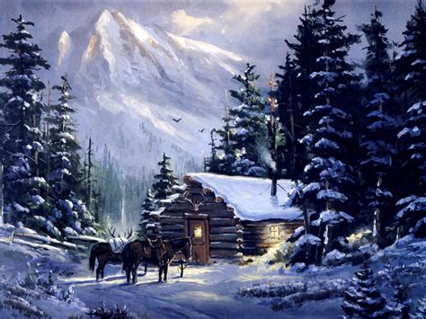 Old Mountain Log Cabins In Snow Mountain Cabin Art Mountain