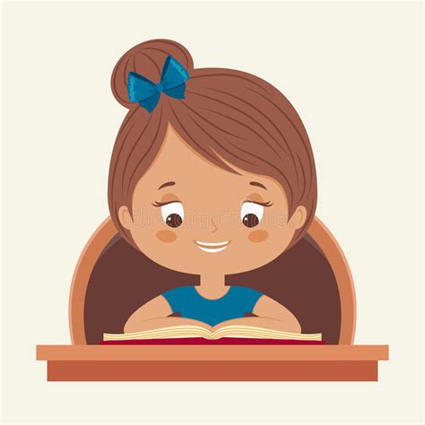 Cartoon Smart Girl Reading Book On Table Stock Vector