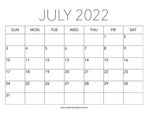 Printable July 2022 Calendar Calendar Options