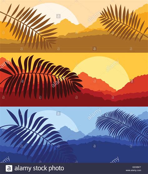 Palms And Sun Tropical Sunset Vector Background Landscape Stock Vector