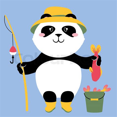 Vector Illustration Of A Cute Cartoon Panda Bear With A Fishing Rod And