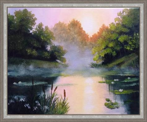 Pond Painting Original Artwork Trees Canvas Art Morning Mist Etsy