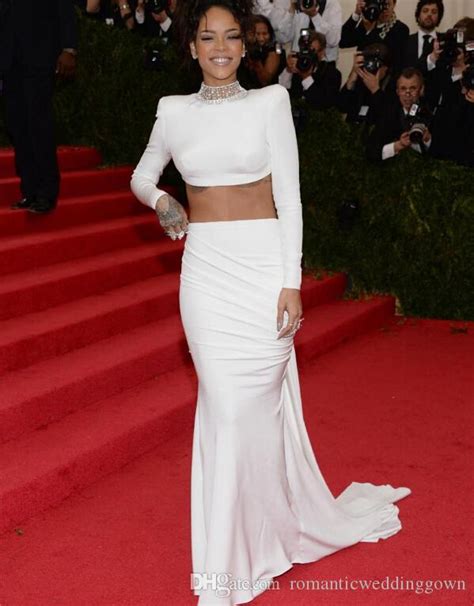 2015 Met Gala Rihanna Long Sleeve White Long Prom Dress Jewelry Neck