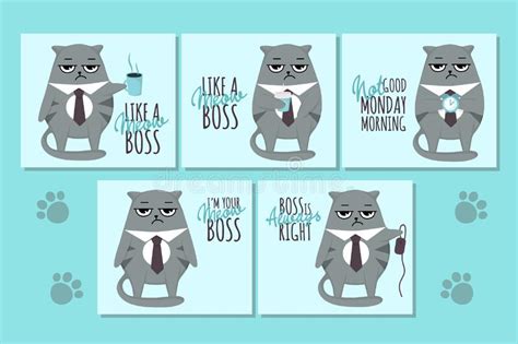 Grumpy Cat Boss Cards With Funny Inscriptions Cartoon Style Stock