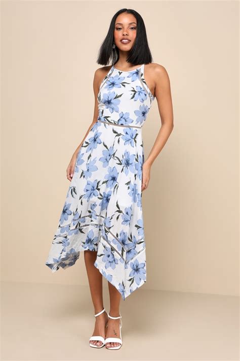 Lovely Blue And White Dress Floral Print Dress Midi Dress Lulus