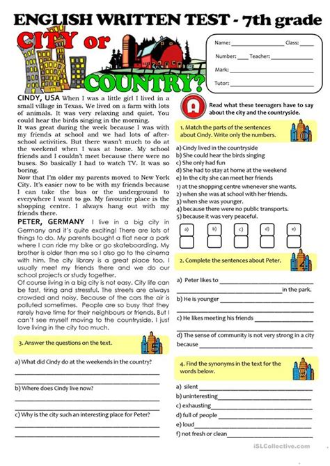 Reading comprehension is as the level of understanding of a text. CITY vs COUNTRYLIFE - TEST (7th grade) worksheet - Free ESL printable worksheets made by teachers