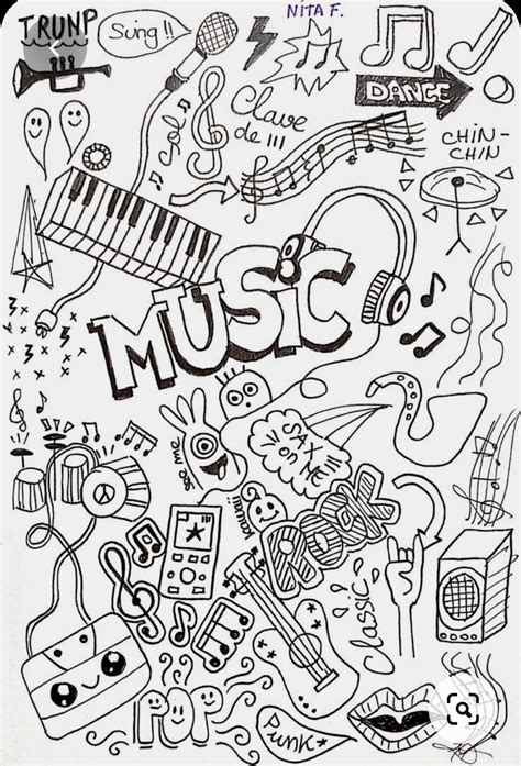 The Word Music Is Surrounded By Doodles And Musical Instruments In