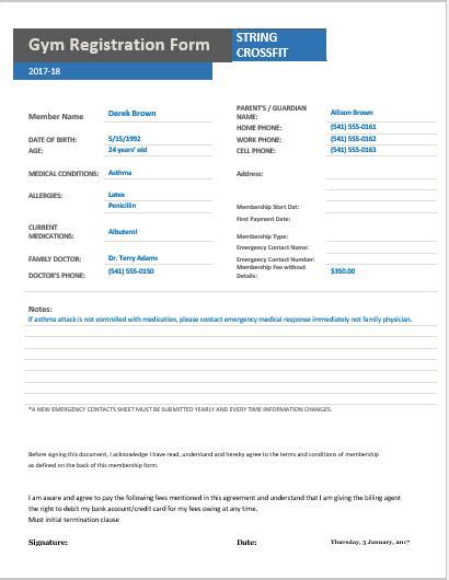 Gym Registration Forms For Ms Word Excel Word Excel Templates