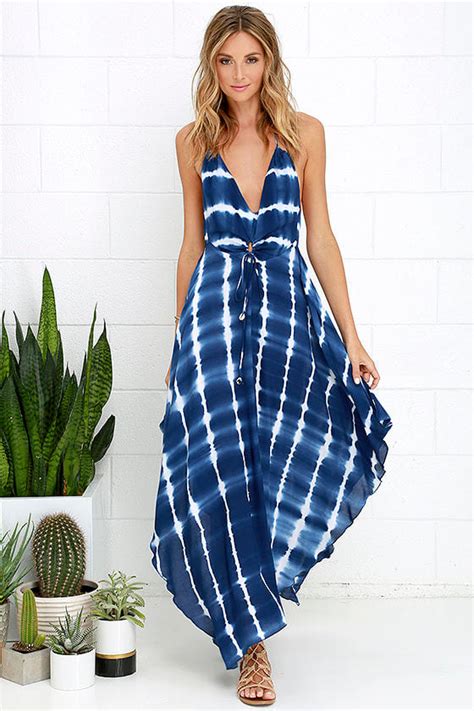 Cute Blue Tie Dye Dress Halter Dress Beach Dress 5900