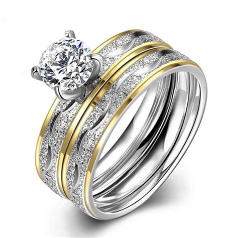 316l Stainless Steel Fashion Women Wedding Band Rings Set Gold Color Round Cut Aaa Cz Engagement