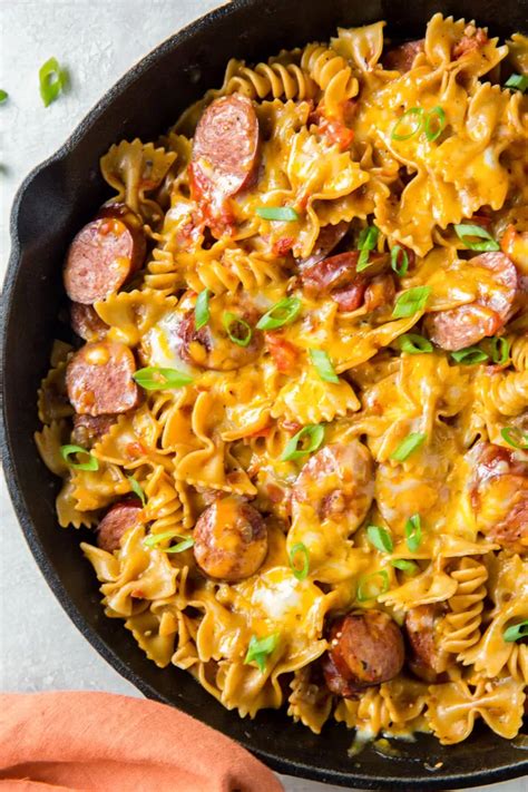 Add olive oil to deep dish skillet on medium high heat. One Pan Cheesy Smoked Sausage Pasta Recipe ...