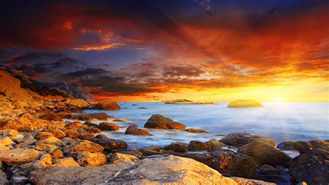 Landscape Sea Sunset Sun Clouds Sunlight Sunshine Wallpapers Hd