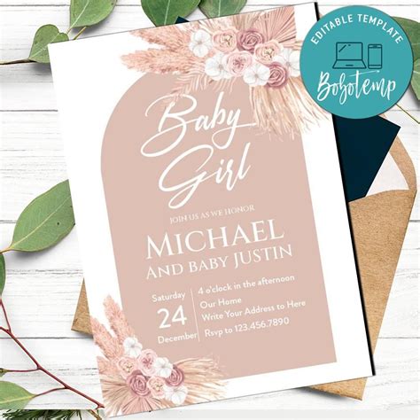 Nude Pink Arch Floral Baby Shower Invitation Template Bobotemp
