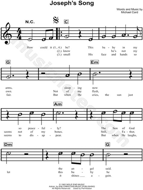 Lyrics © warner chappell music, inc. Michael Card "Joseph's Song" Sheet Music for Beginners in C Major - Download & Print - SKU ...