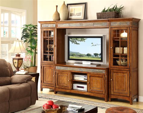 Craftsman Home 6 Door Entertainment Wall Unit With Slate Tile Accents