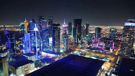 Qatar Doha March 20 2018 4k Night Rooftop Cityscape Panorama