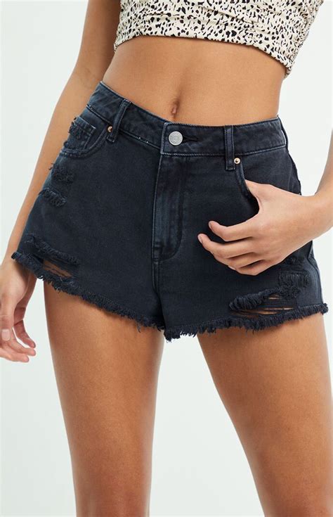 PacSun Womens Ripped Black High Waisted Denim Festival Shorts Size In Festival Shorts